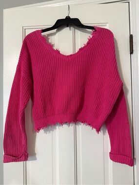 Hot Pink Distressed V-Neck Cropped Sweater